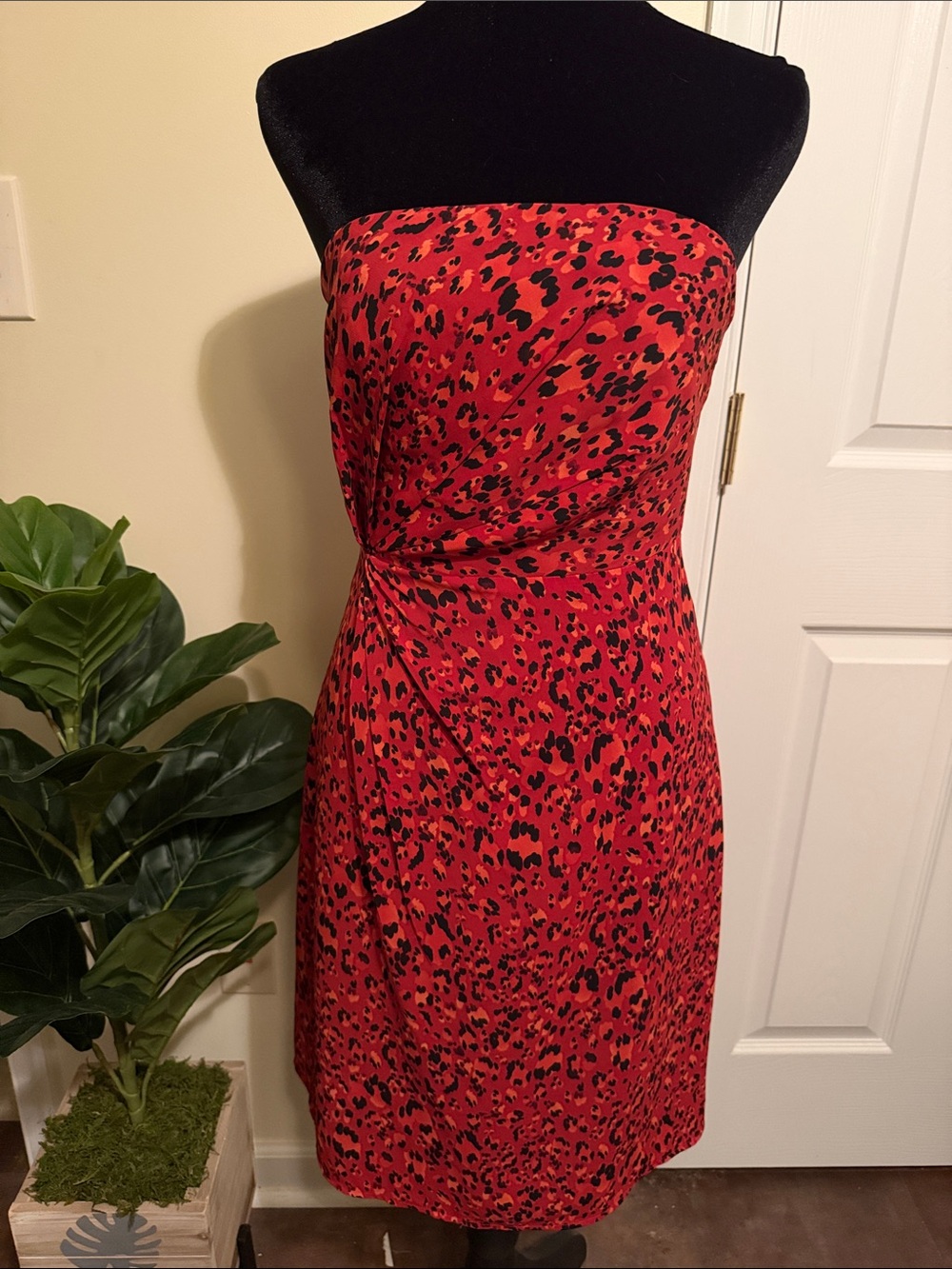The Limited Red and Black Leopard-Print strapless dress